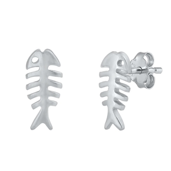 Sterling Silver Fish Skeleton Stud Earrings – Quirky & Cute 8mm - Picture 1 of 1